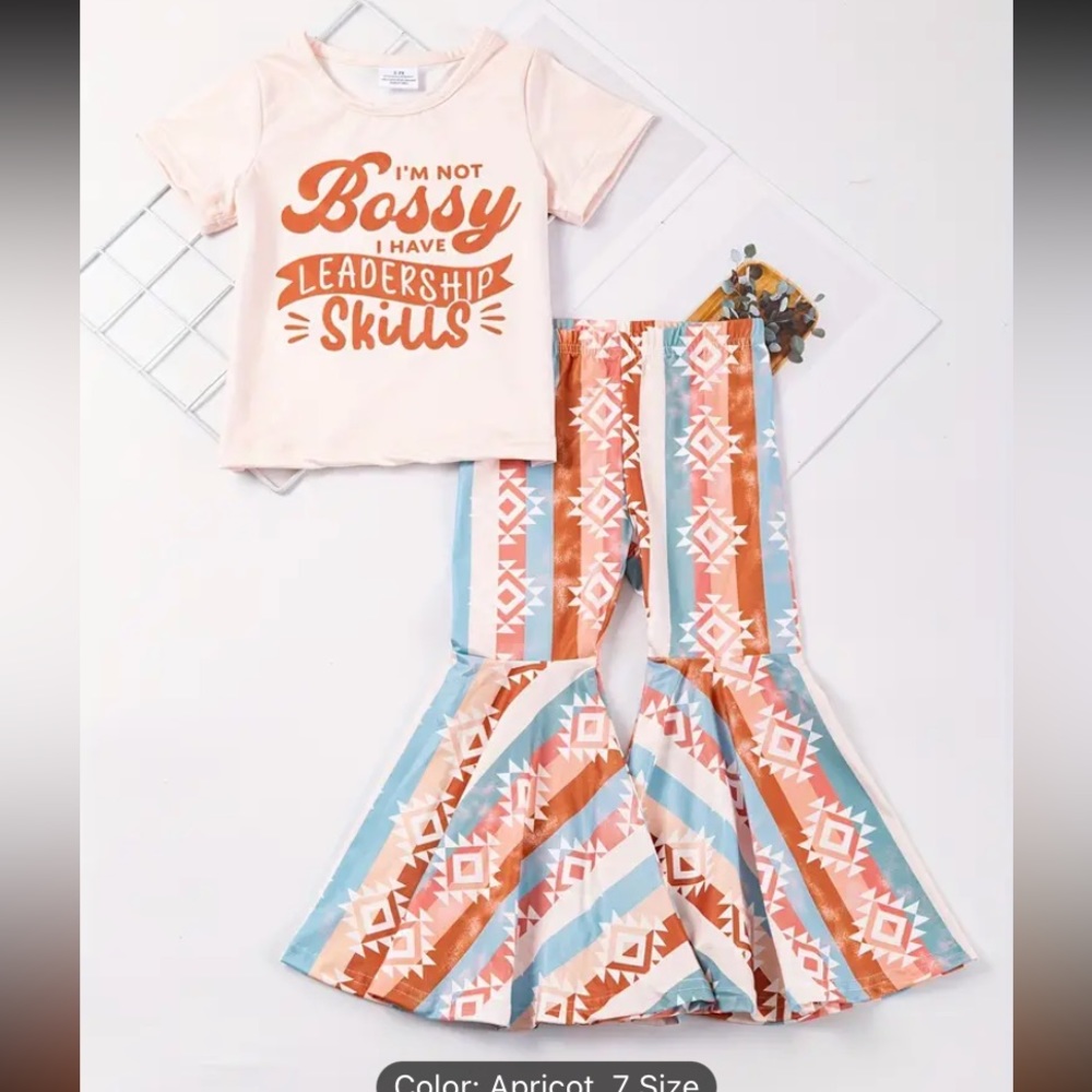 Kids matching outfit. Bellbottom pants and adorable top